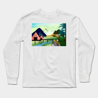 Colorful panoramic eco landscape with small house placed in secluded valley land with mountains and blue sky Long Sleeve T-Shirt